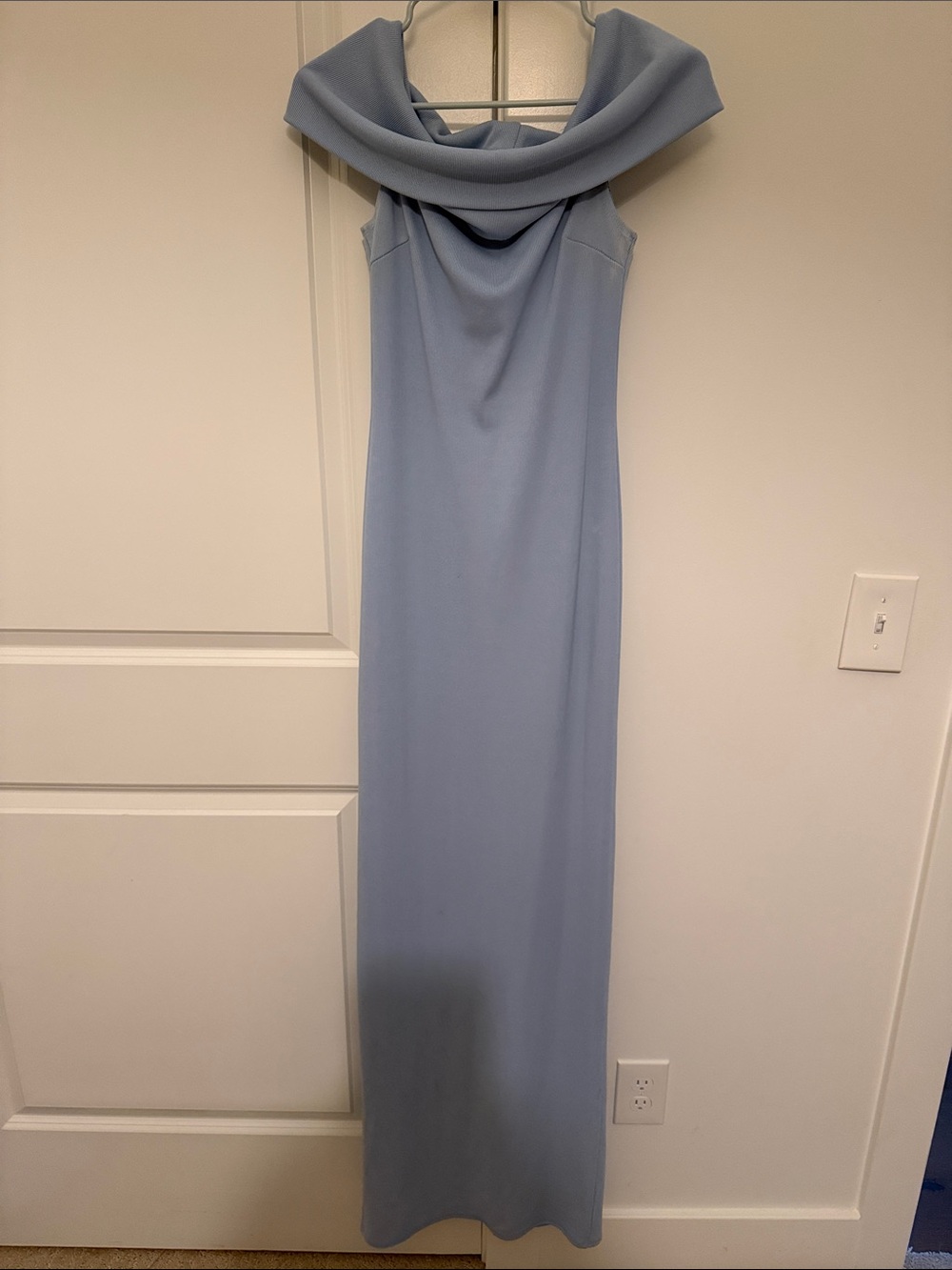 Elegant Off-Shoulder Light Blue Evening Dress. Baby shower dress